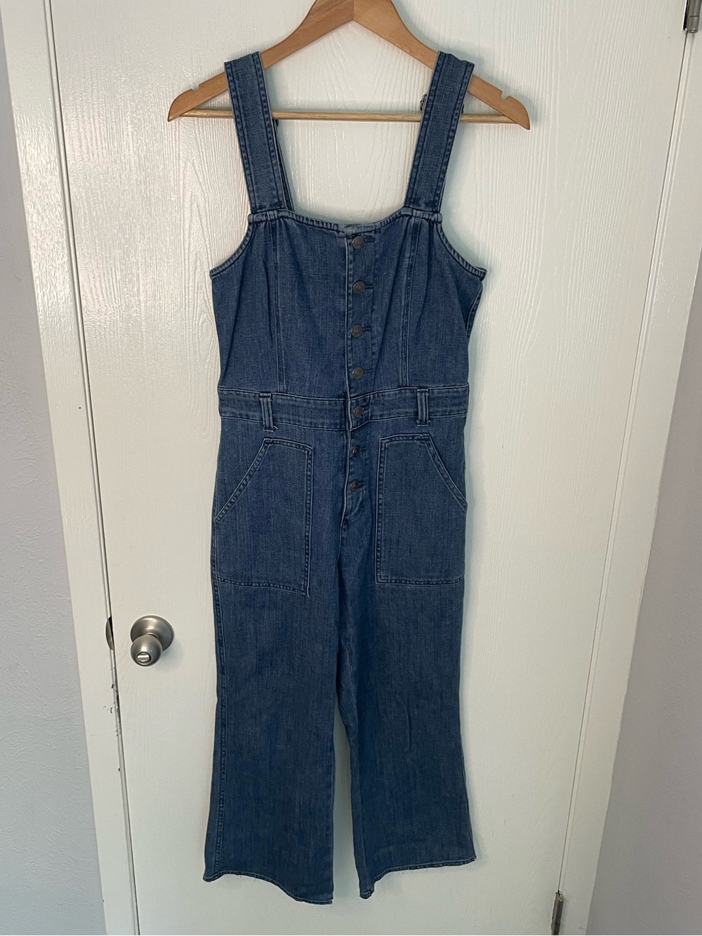 Aerie Denim Button Front Wide Leg Utility Jumpsuit Small